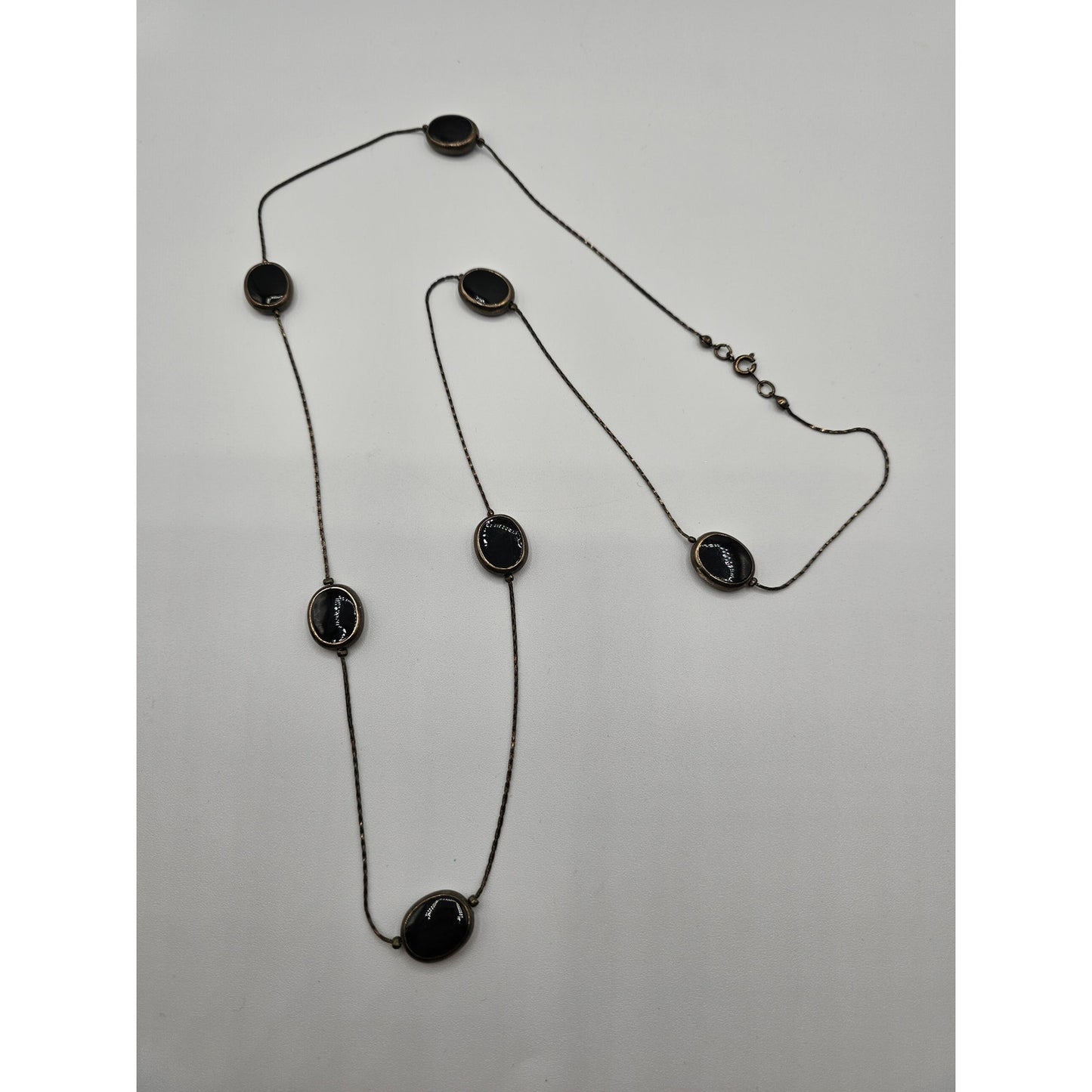 Vintage Silver Tone Long Strand Necklace Dainty Black Stone Accents