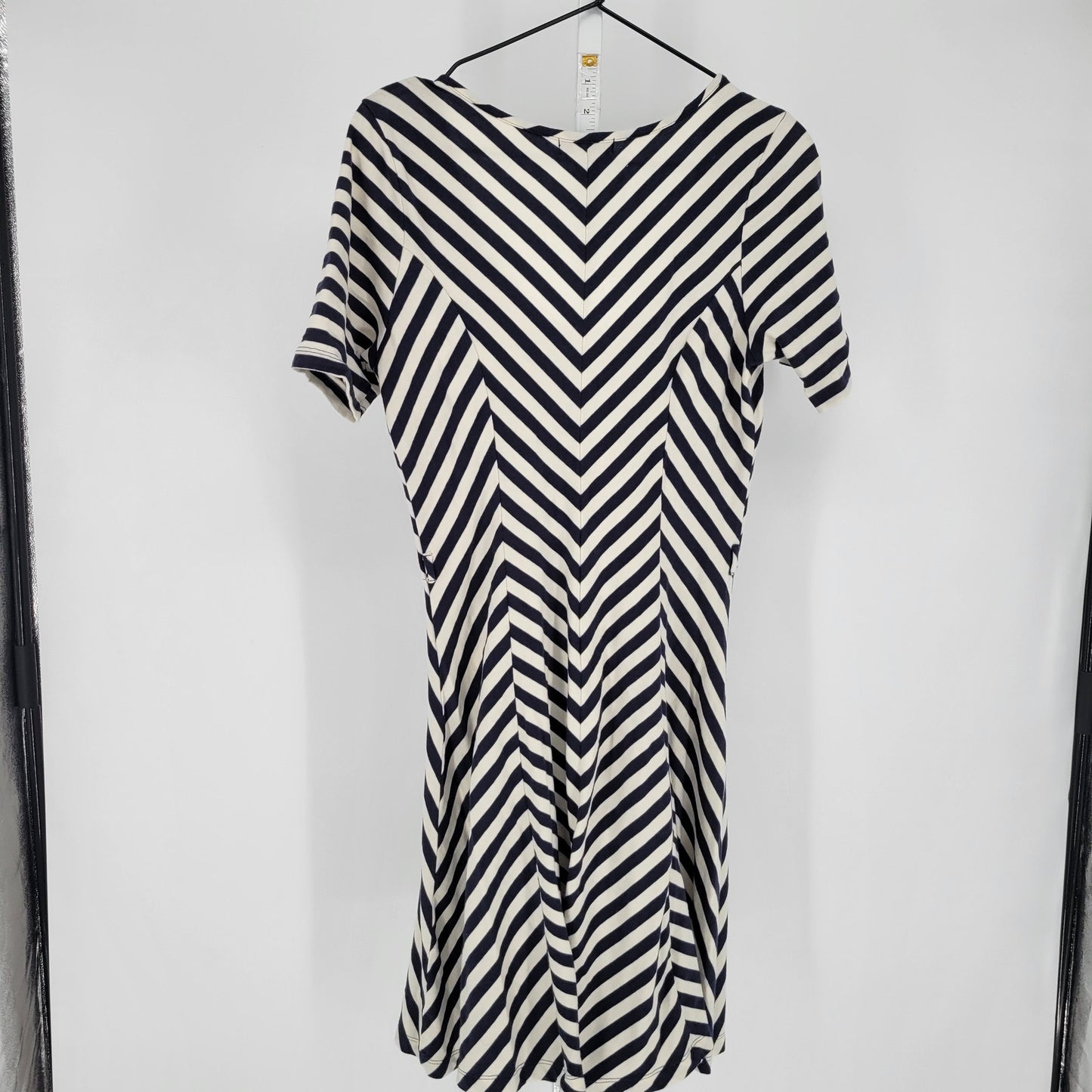 Monteau Womens Sz L Knee Length A Line Dress Blue White Chevron Short Sleeve