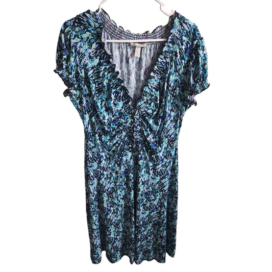 Dressbarn Womens Sz 14 Midi Length Short Sleeve Dress V Neck Blue Abstract Print