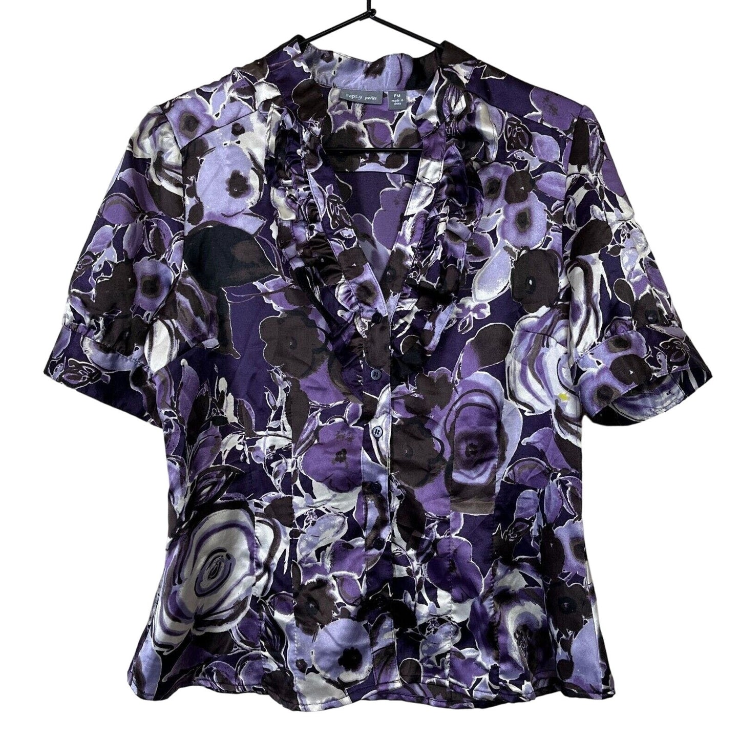 Apt 9 Petite PM Button Down Satin Blouse Purple Black Floral Short Sleeve