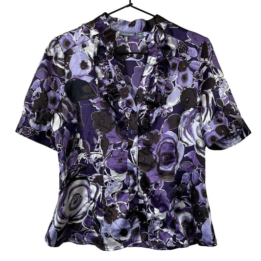 Apt 9 Petite PM Button Down Satin Blouse Purple Black Floral Short Sleeve