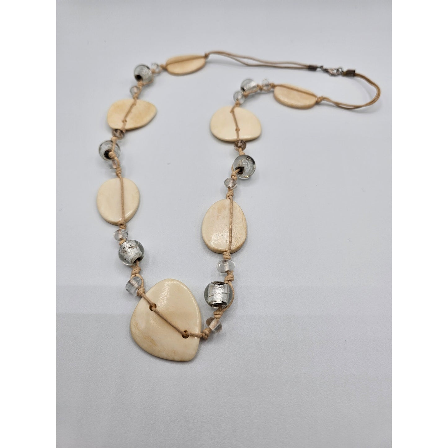 Vintage Single Strand Nautical Knotted Rope Beaded Necklace Cream Stone Glass