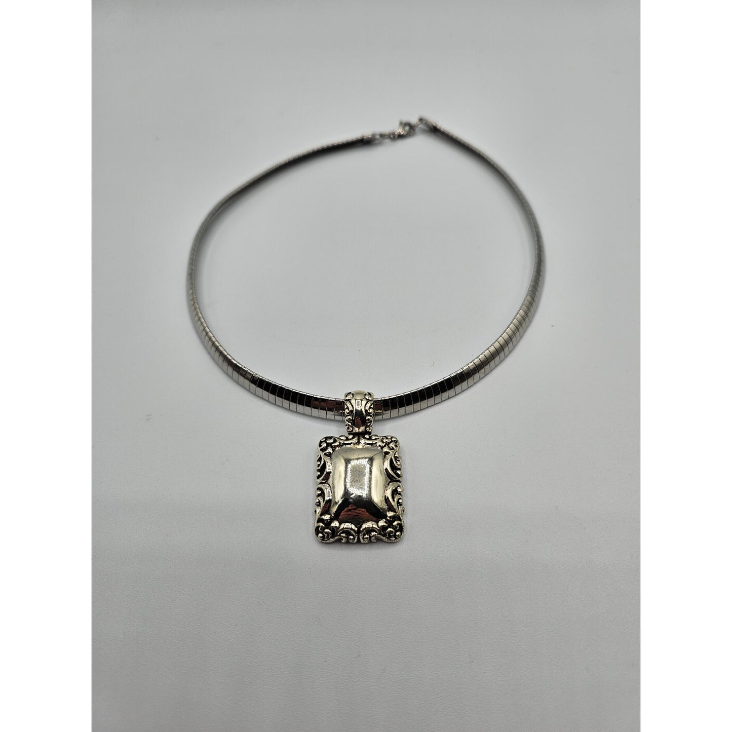 Vintage 1990s Pendant Style Silver Tone Necklace Square Pendant