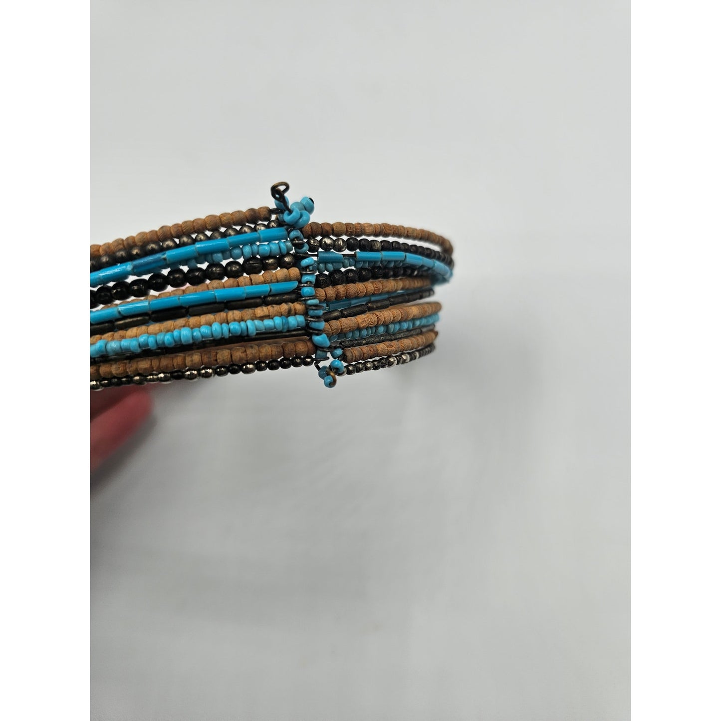 Vintage Y2K Multi Strand Seed Bead Slip On Cuff Bracelet Blue Brown