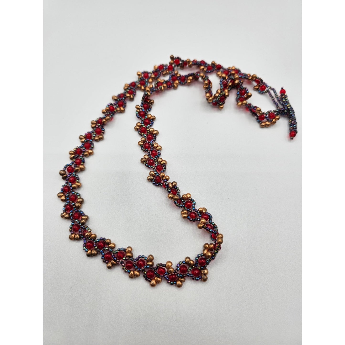 Vintage Y2K Seed Bead and Glass Beaded Braided Necklace Red Purple Gold