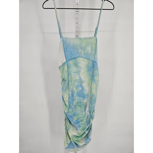 Derek Heart Womens Sz L Spaghetti Strap Fitted Midi Dress Blue Green Tie Dye