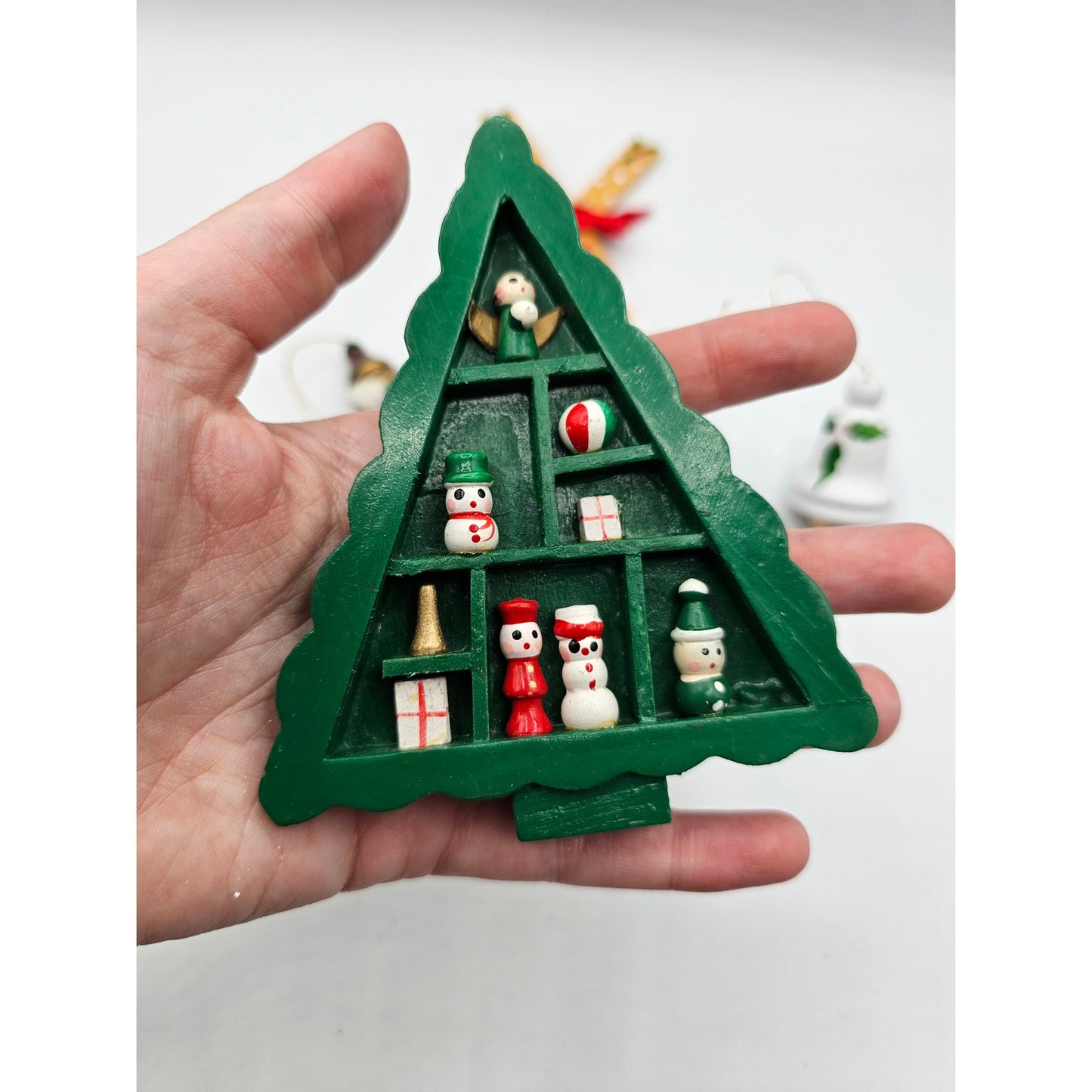 Lot of 5 Vintage Hand Painted Wooden Christas Ornaments Skis Tree Bell Metallic