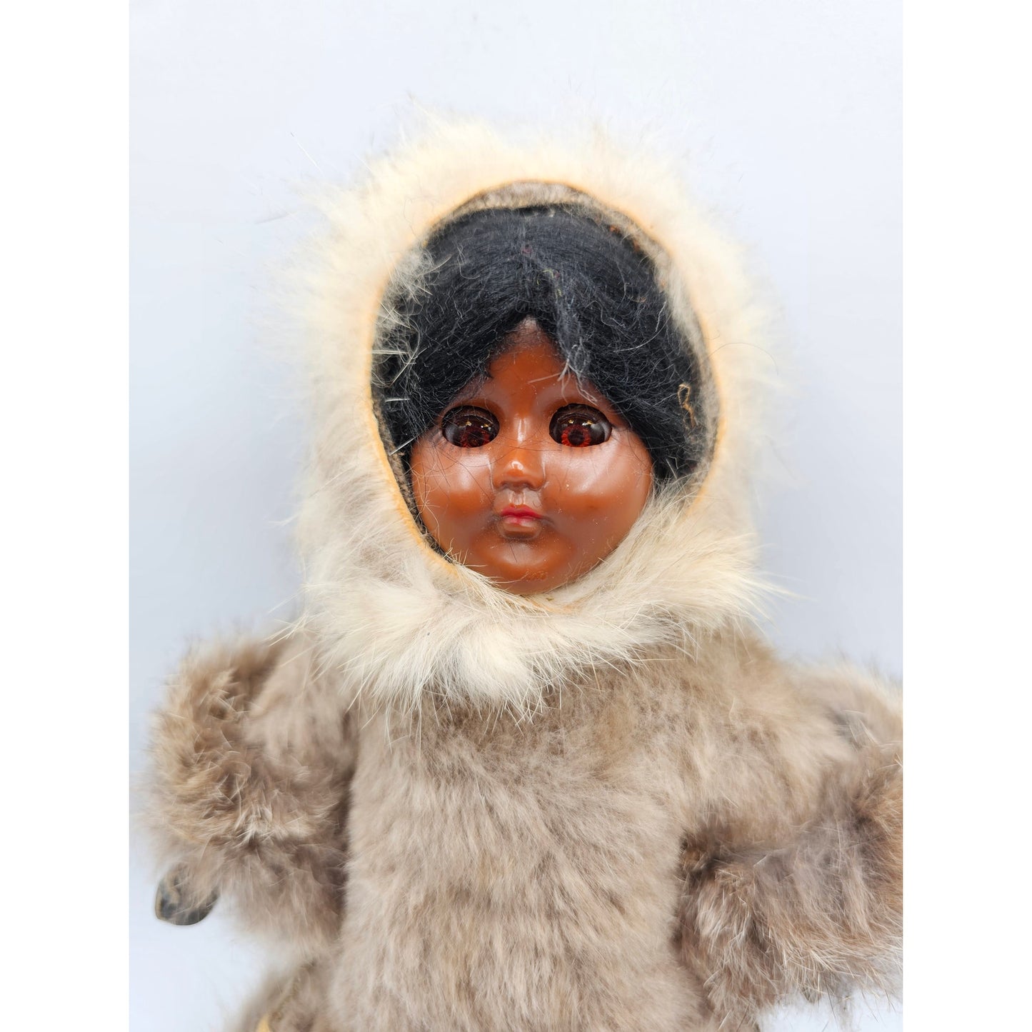 Vintage 1960s 10" Plastic Eskimo Doll In Fur Coat and Hat
