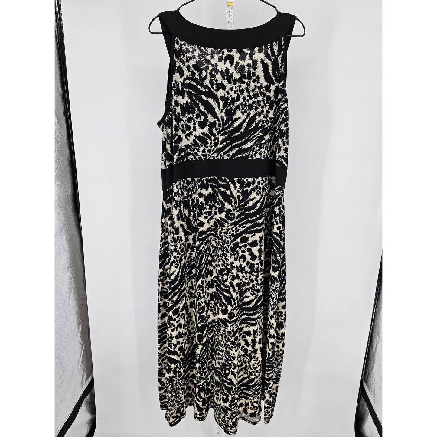 Susan Lawrence Womens Sz 2X Maxi Length Sleeveless Dress Black Beige Animal