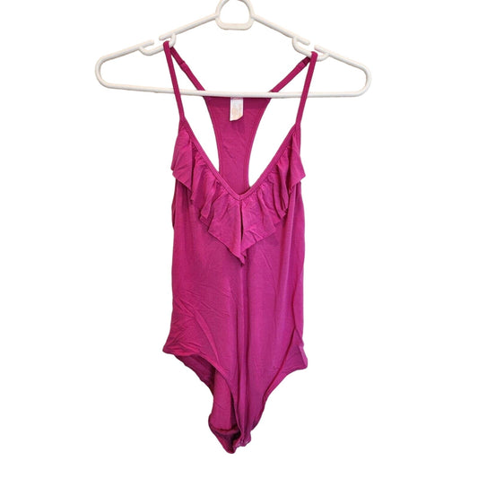 Jasmine & Ginger Womens Sz M Bodysuit Blouse Pink Ruffled Spaghetti Strap