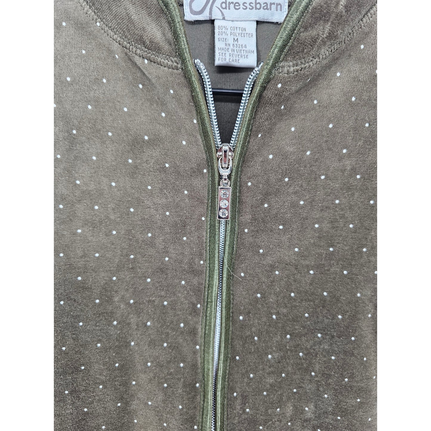 Dressbarn Womens Sz M Full Zip Velour Track Jacket Olive Green Glitter Dots