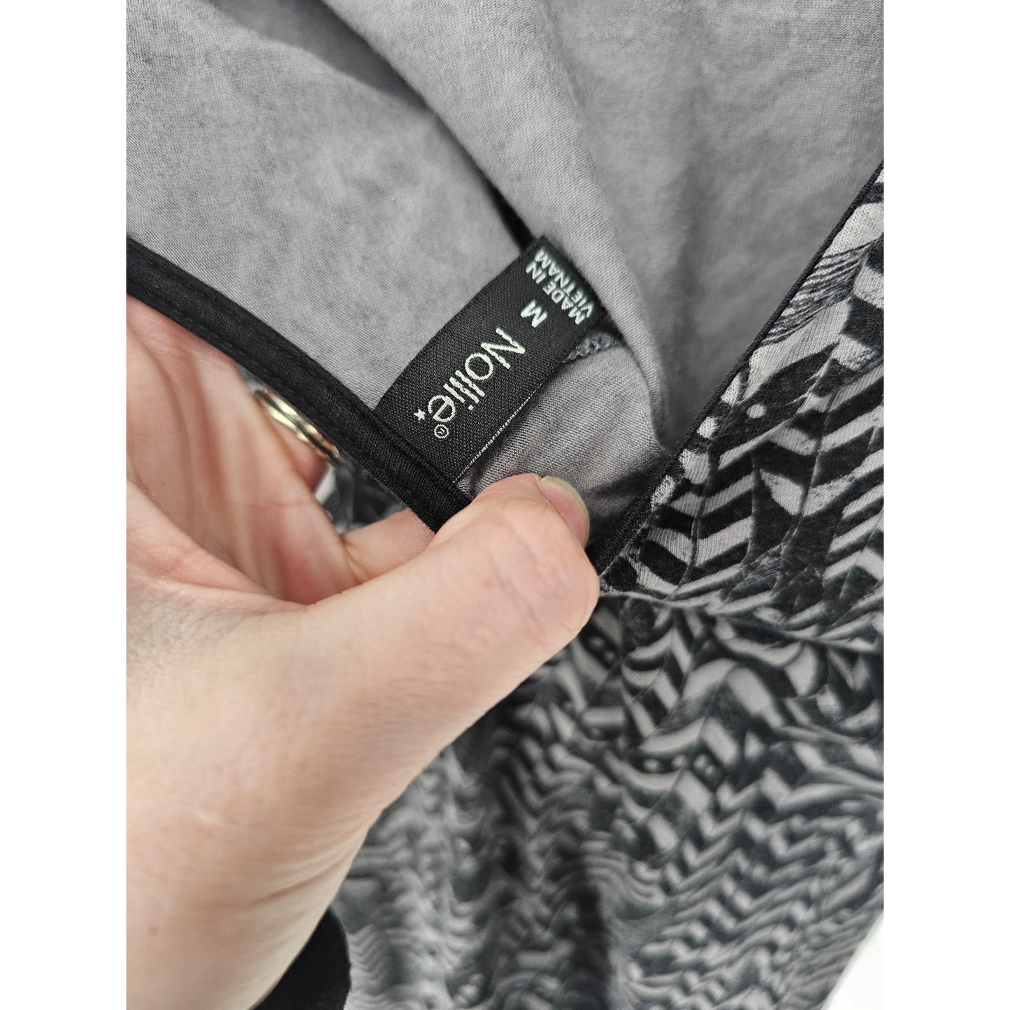 Nollie Womens Sz M 3/4 Sleeve Mini Dress Black Gray Feather Print Fitted