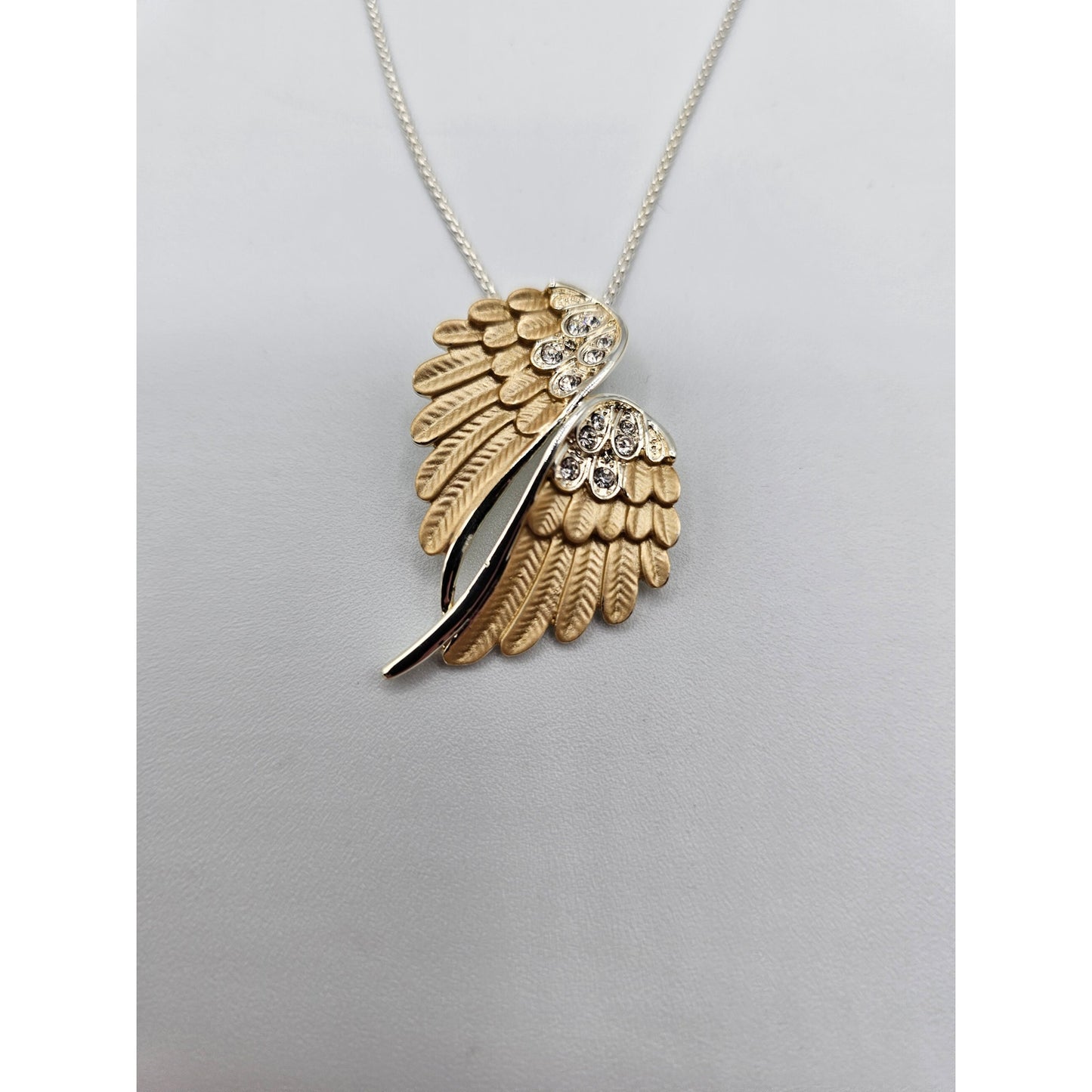 Vintage Y2K Pendant Necklace Silver Tone Gold Bird Wings Rhinestone Detail