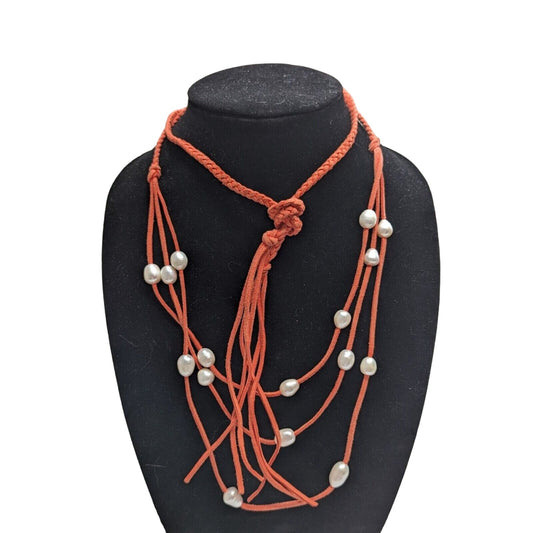 Vintage Coral Leather Rope Necklace Faux Pearl Beads Southwestern Boho