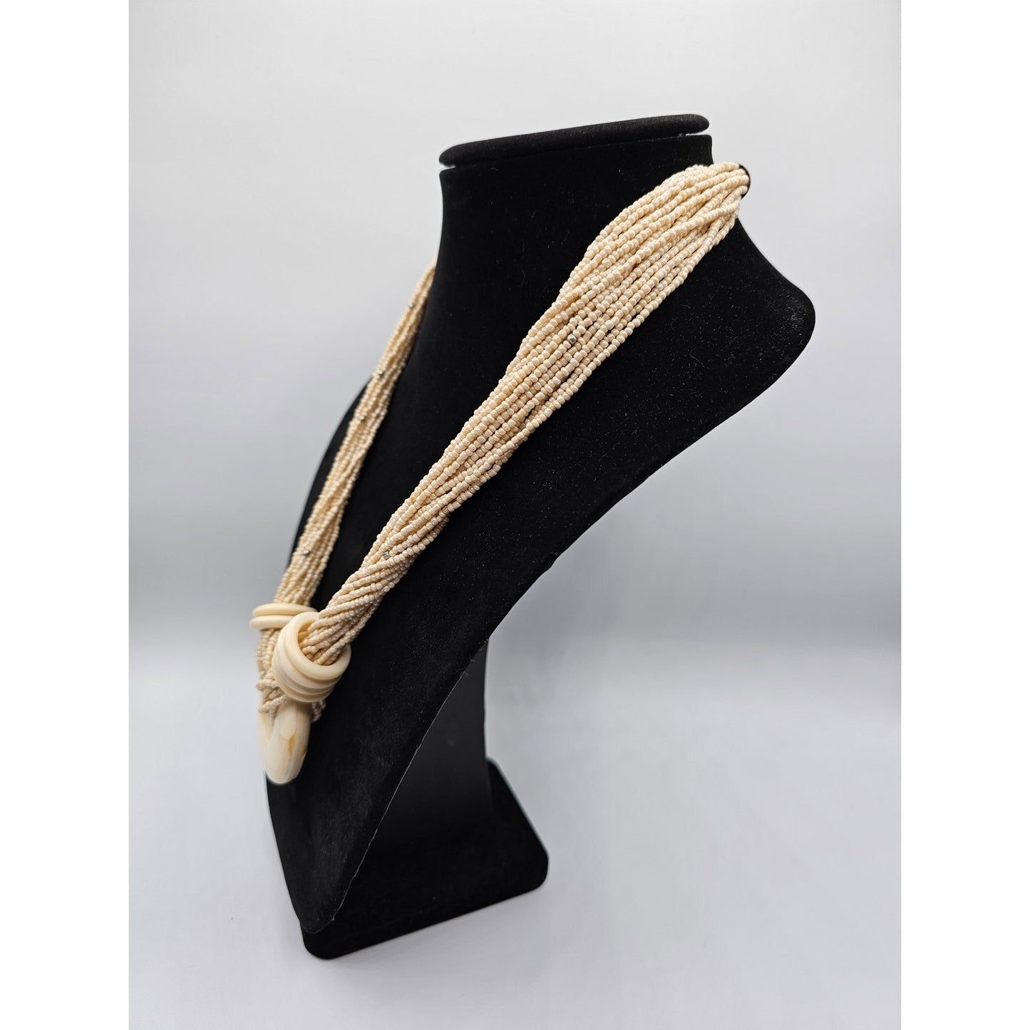 Vintage 1990s Multi Strand Seed Bead Necklace Cream Ivory Large Pendant