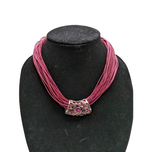 Vintage 1990s Pink Rope Style Statement Necklace Rhinestone Pendant
