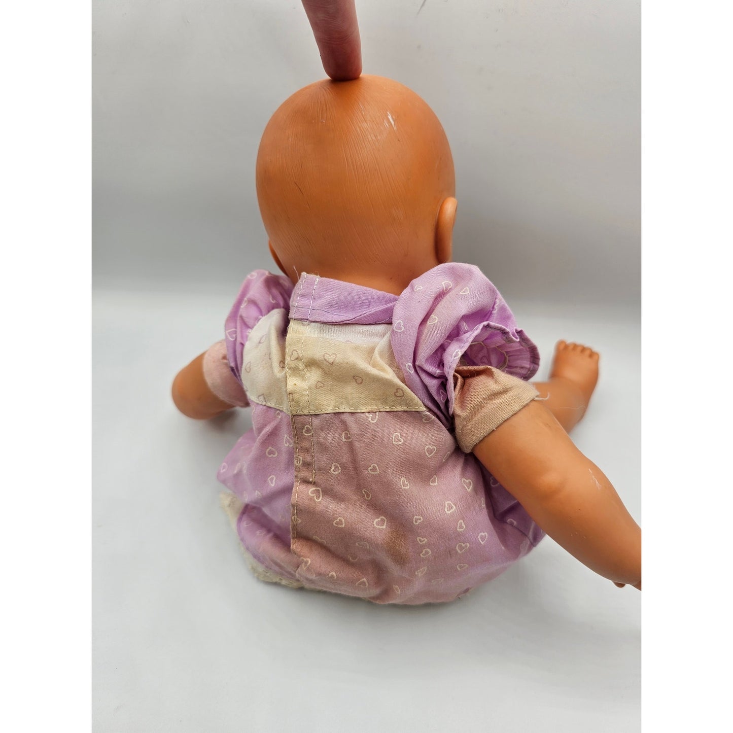 Vintage 1999 Mattel Baby Doll Vinyl Cloth Purple Dress Grumpy Face