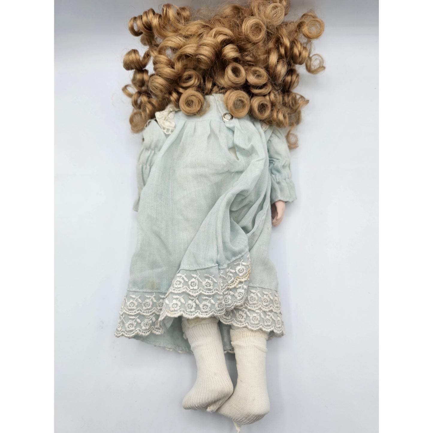 Vintage 1990s Porcelain Doll Girl Light Blue Dress Brown Hair Cloth Body