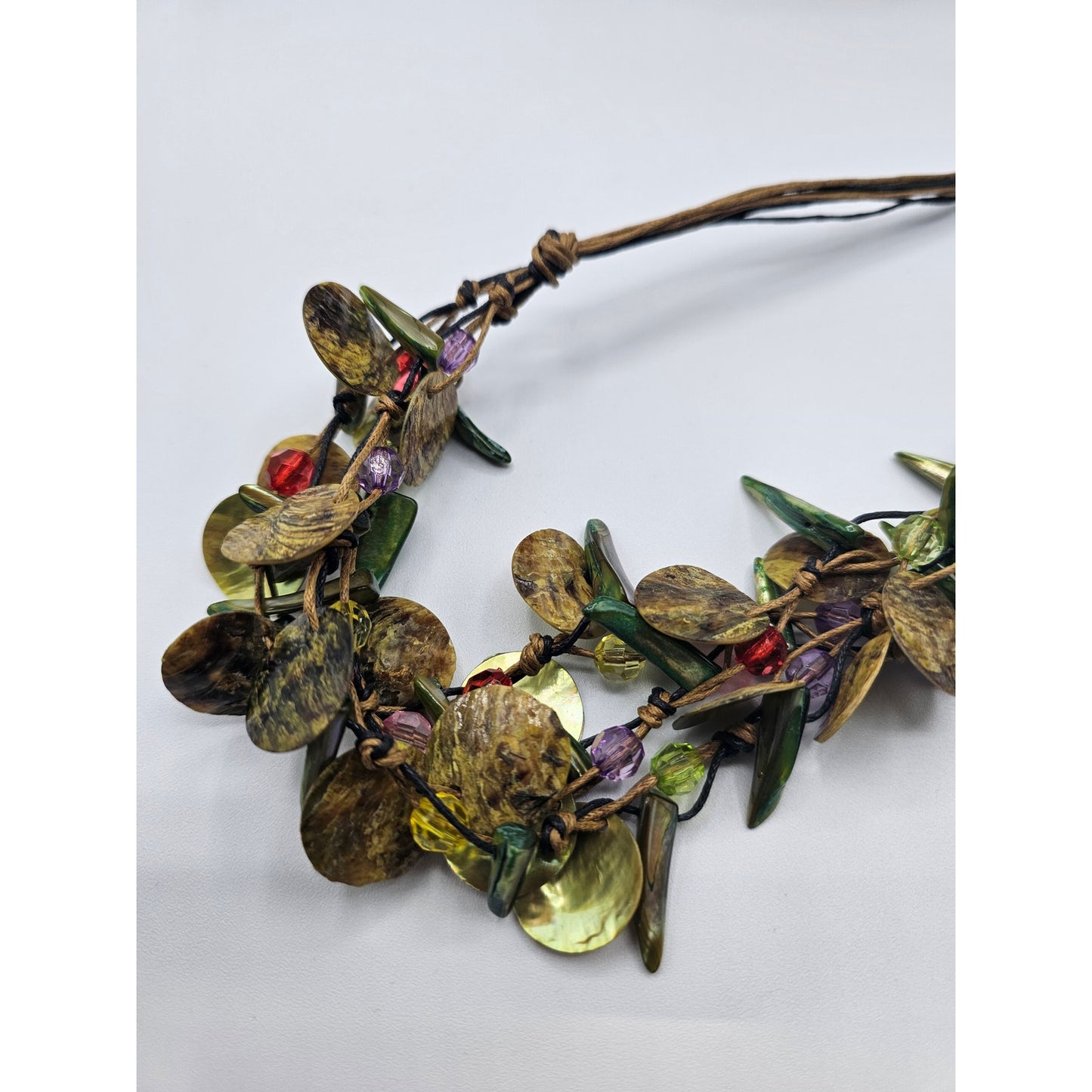 Vintage 1960s Multi Strand Rope Style Necklace Mixed Media Avocado Green