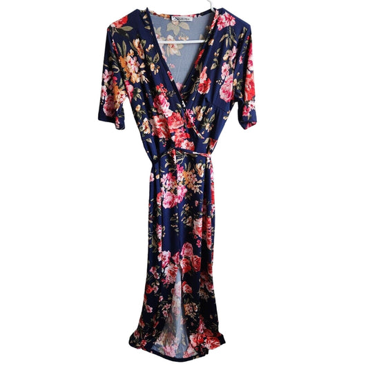 Stillettos Womens Sz L Short Sleeve Maxi Dress w/ Slit Blur Pink Floral