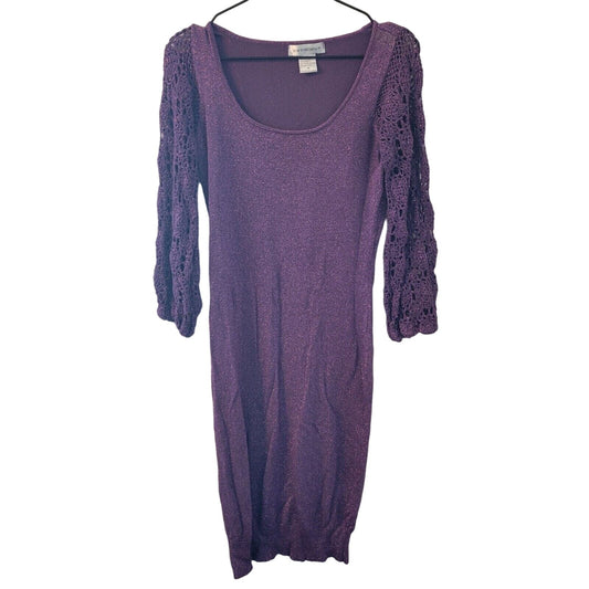 Newport News Womens Sz M Midi Sweater Dress Purple Sparkly Crochet Sleeve