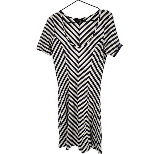 Monteau Womens Sz L Knee Length A Line Dress Blue White Chevron Short Sleeve