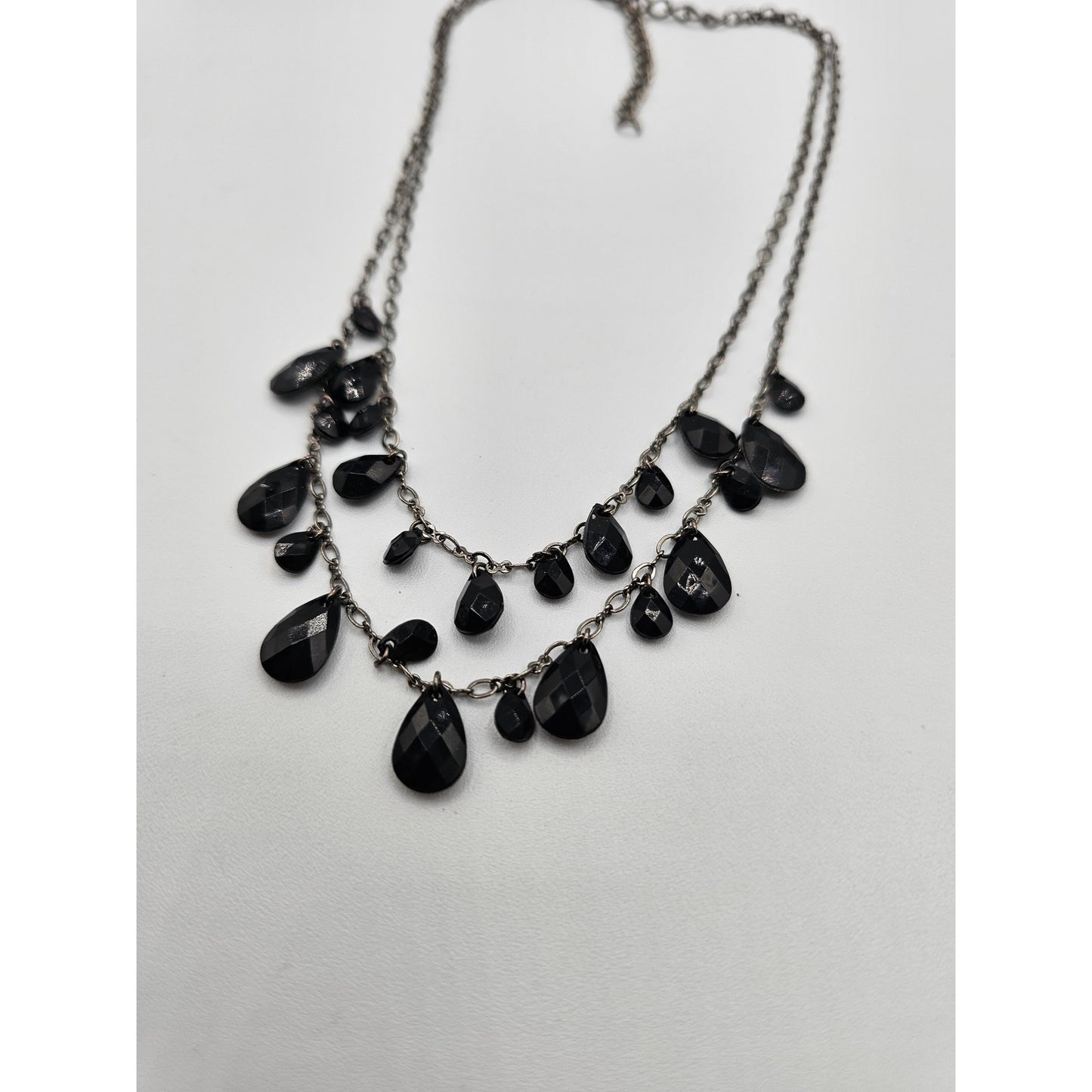 Vintage Y2K 2 Strand Beaded Chain Necklace Black Teardrop Rhinestones
