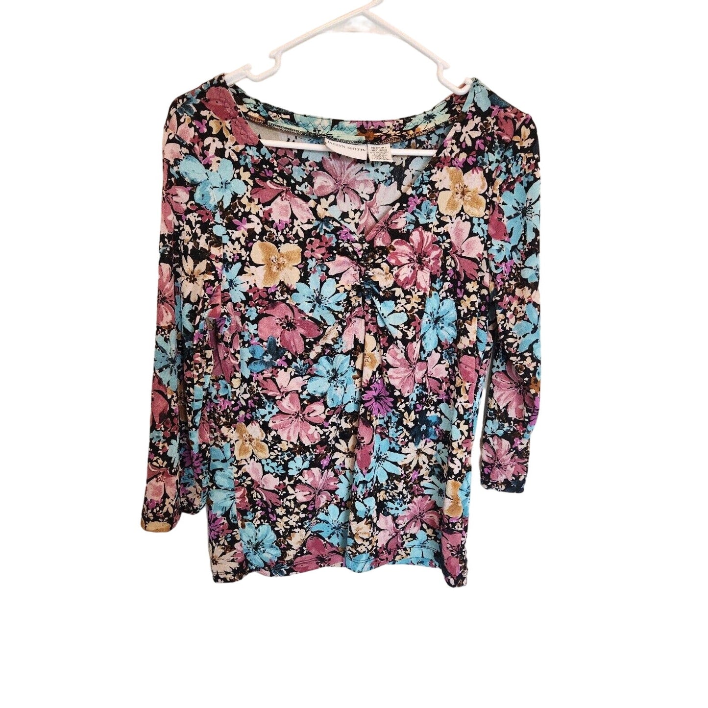 Jaclyn Smith Womens Sz M 3/4 Sleeve T Shirt Bright Floral