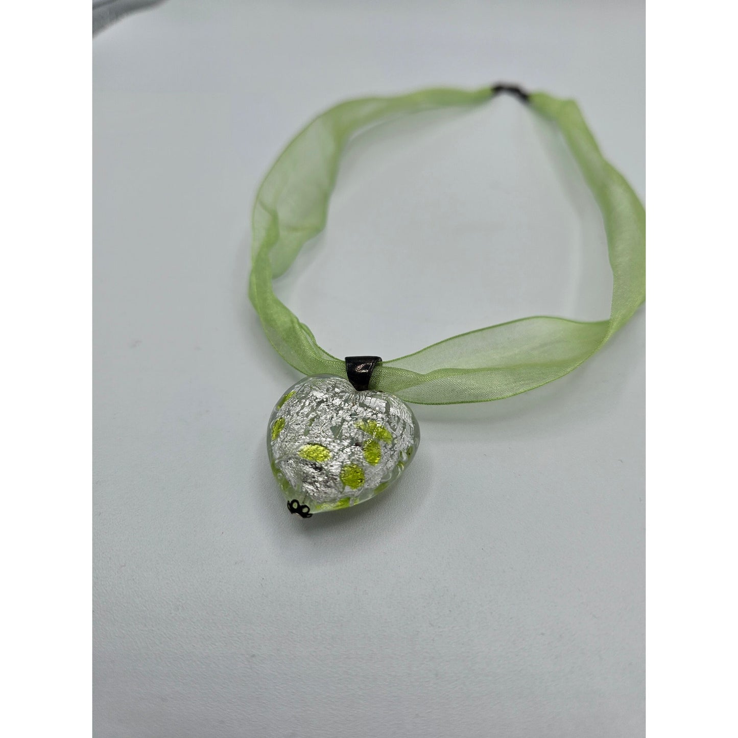 Vintage Y2K Glass Heart Pendant Necklace Lime Green Ribbon Style
