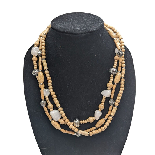 Vintage 3 Strand Wood Wooden Beaded Necklace w/ Natural Stone Beads