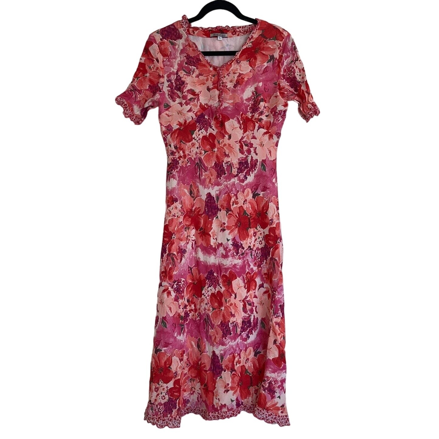 Chelsea & Violet Womens Sz L Short Sleeve Midi Dress Red Pink Floral
