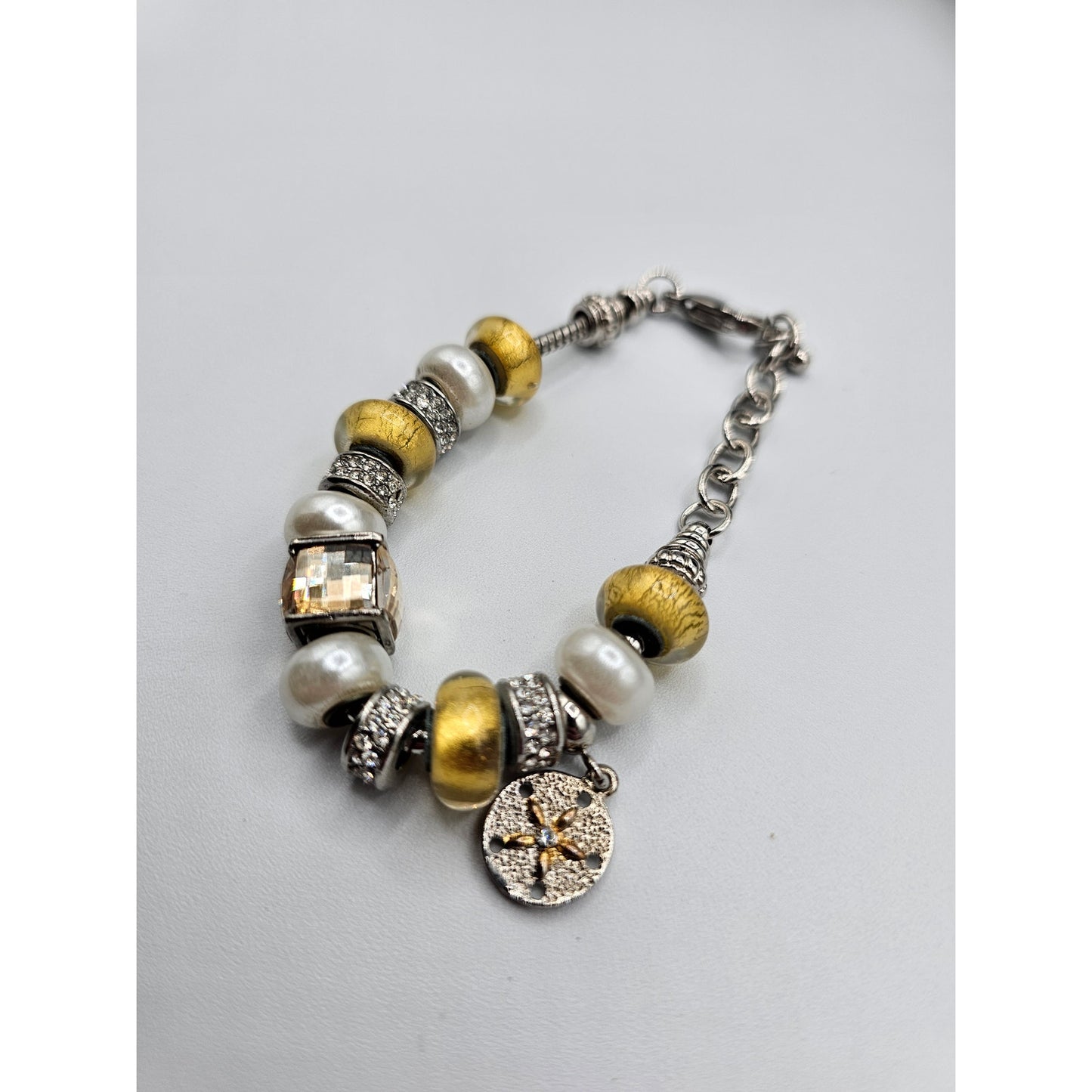 Vintage Y2K Charm Bracelet Beaded Silver Sand Dollar Yellow Rhinestones