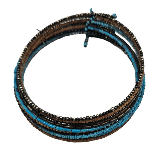 Vintage Y2K Multi Strand Seed Bead Slip On Cuff Bracelet Blue Brown
