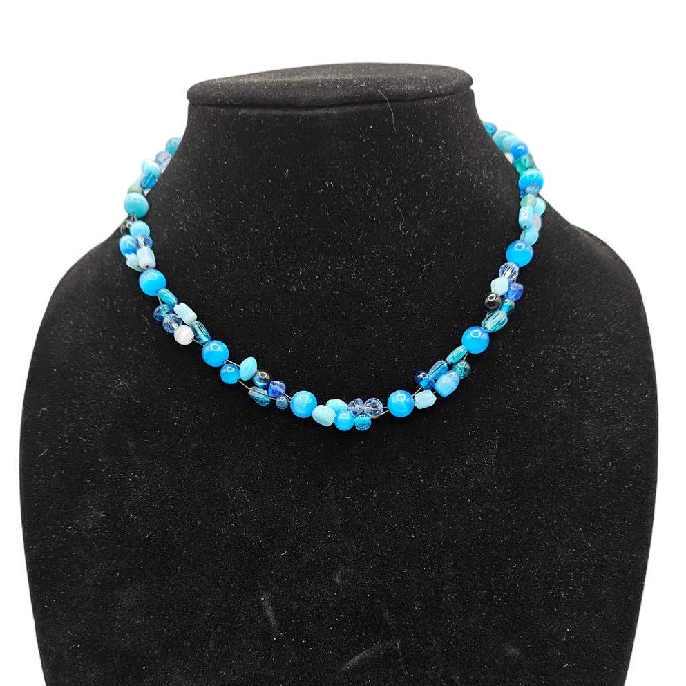 Vintage Y2K 2 Strand Glass Beaded Necklace Bright Blue Beads