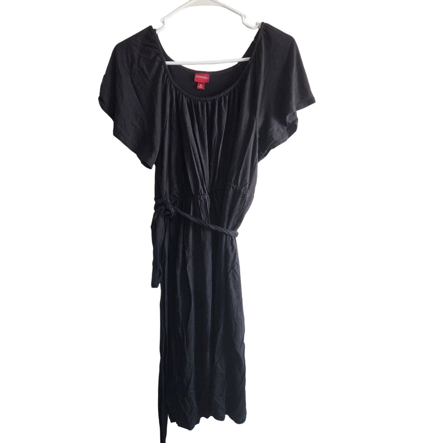 Merona Womens Sz M Knee Length Belted Short Sleeve Dress Solid Black
