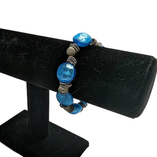Vintage Single Strand Glass Beaded Bracelet Blue and Silver