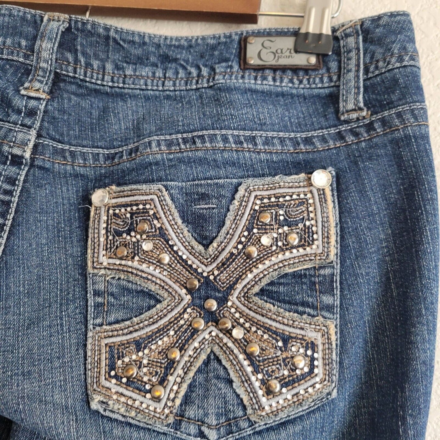 Earl Jean Juniors Sz 11 Straight Leg Medium Wash Blue Jeans Embellished Pocket