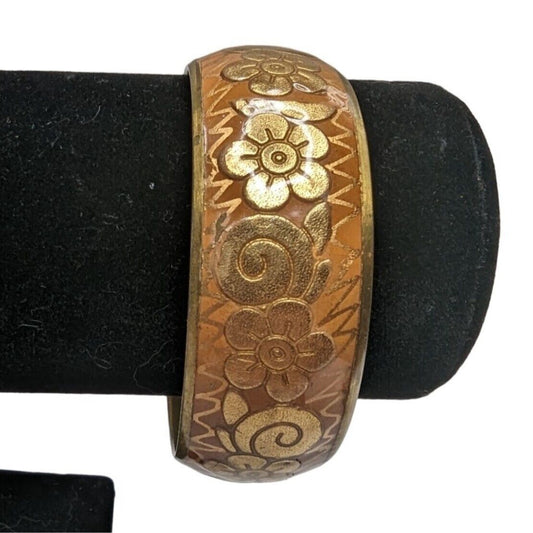 Vintage Brass and enamel Wide Bangle Bracelet Gold Tone Floral