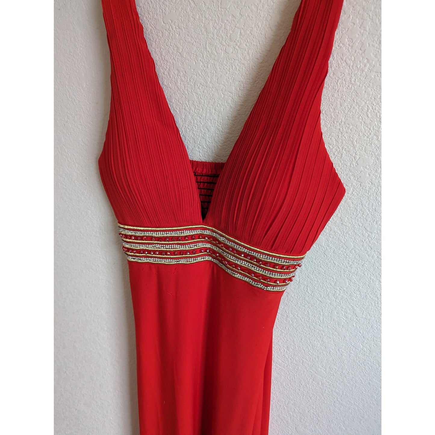 Lucas & Emma Womens Sz S Formal Maxi Dress Red Rhinestone Micro Pleat