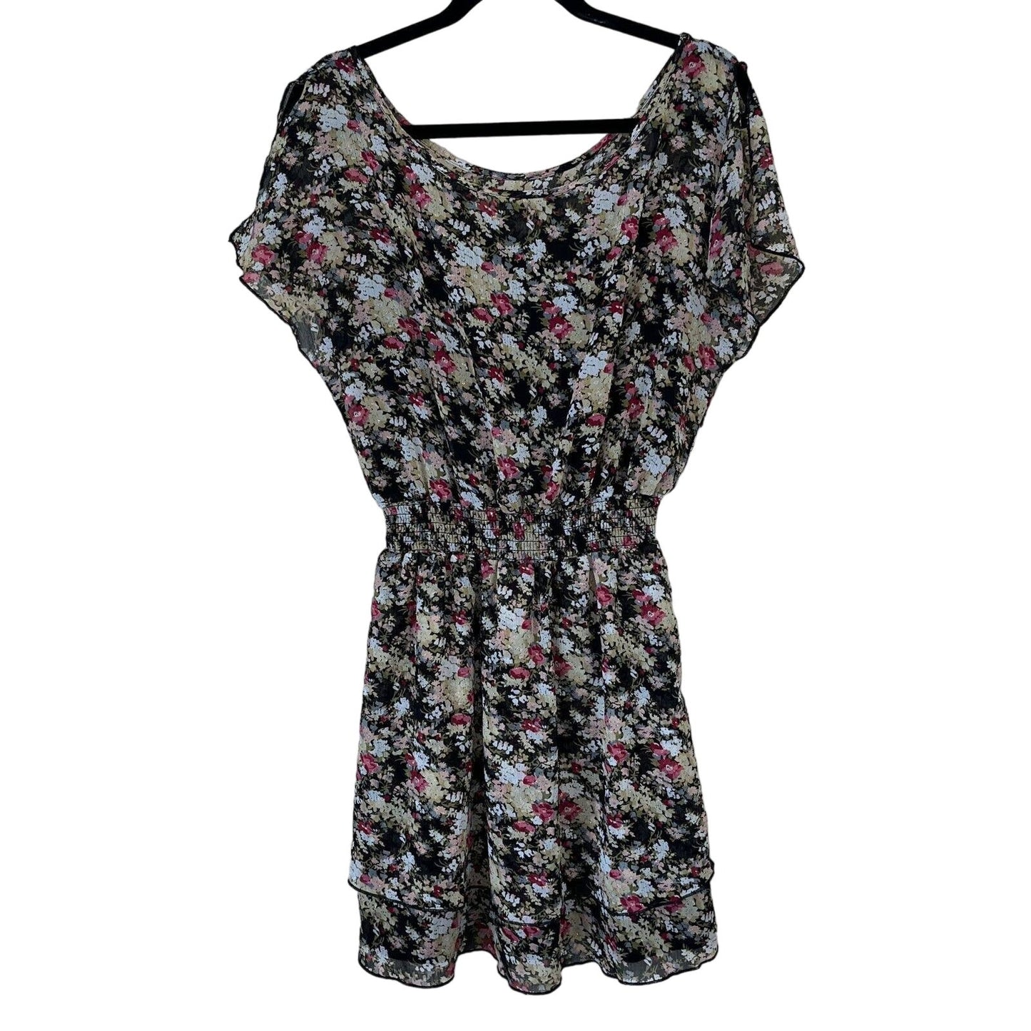 Express Womens Sz M Chiffon Floral Knee Length Dress Black Gold