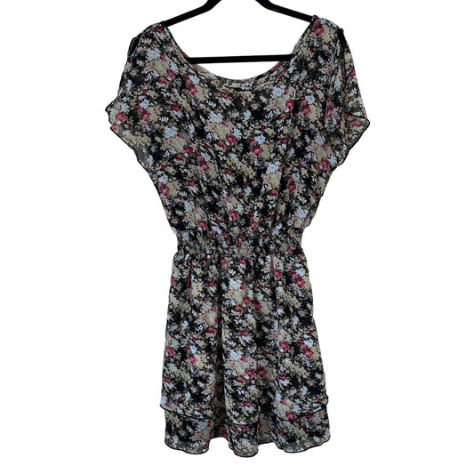 Express Womens Sz M Chiffon Floral Knee Length Dress Black Gold