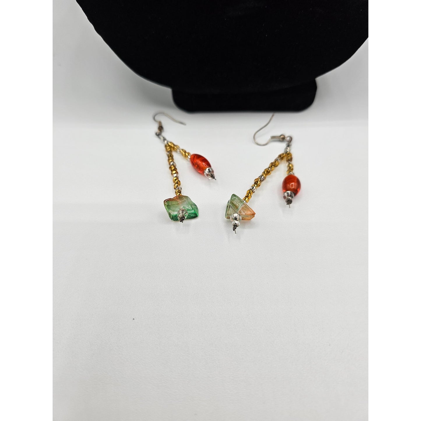 Vintage Glass Seed Bead Necklace and Earrings Set Gold Red Art to Wear