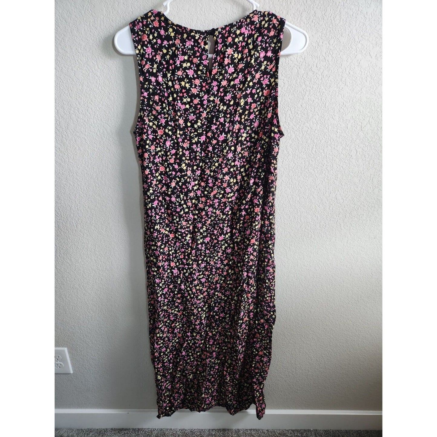 Vintage 1990s Studio Ease Womens Sz 12 Maxi Dress Black Pink Floral Sleeveless