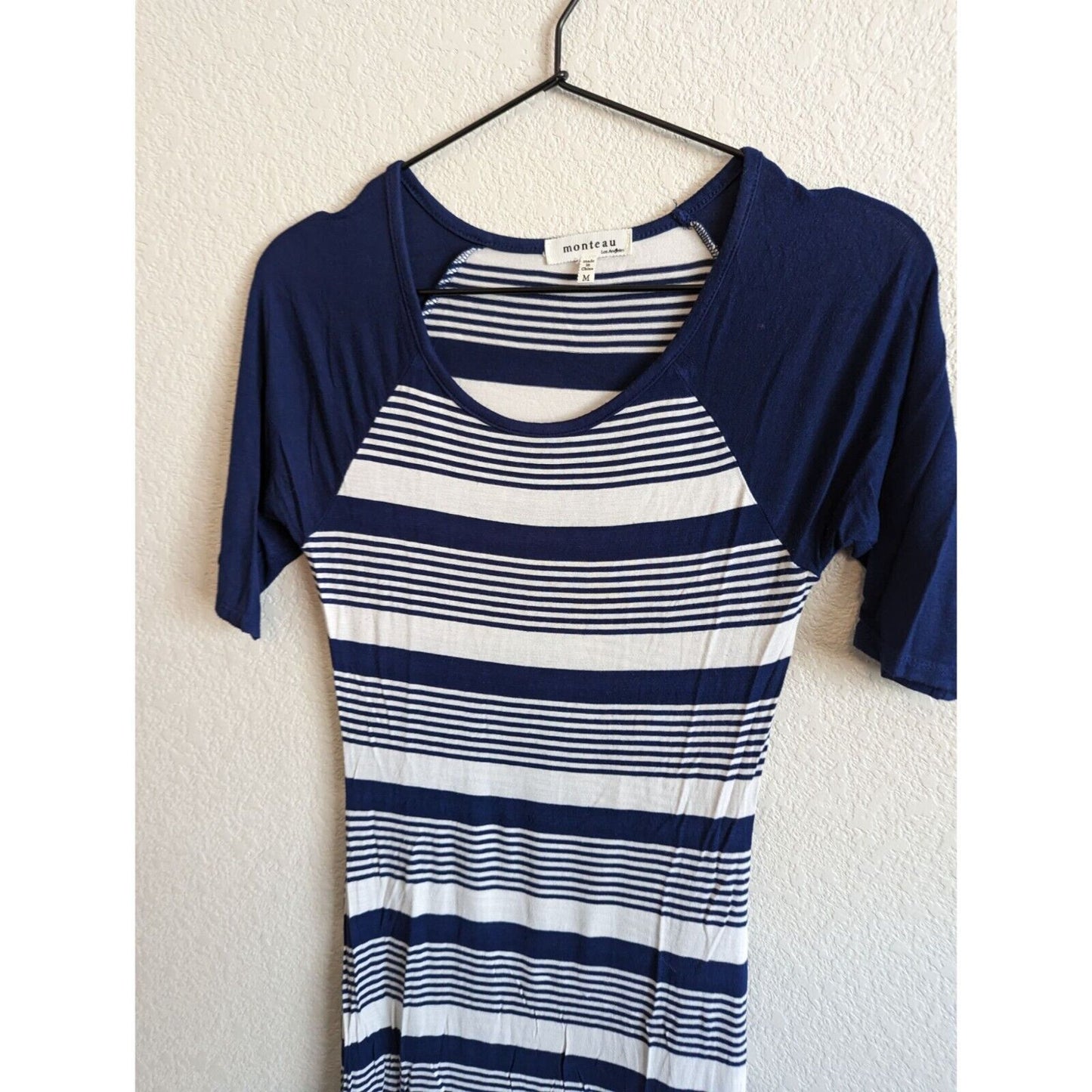 Monteau Womens Sz M Short Sleeve Maxi Dress Blue White Striped Jersey Knit