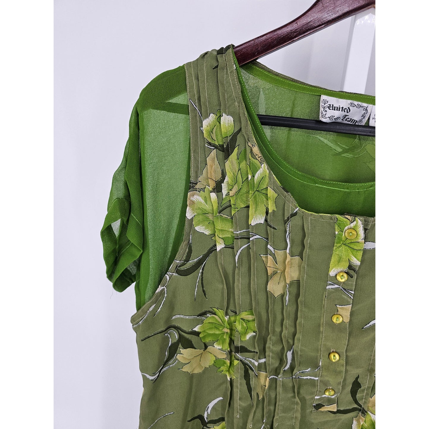 Vintage 1990s United Team Womens Sz M Maxi Dress Avocado Green Floral