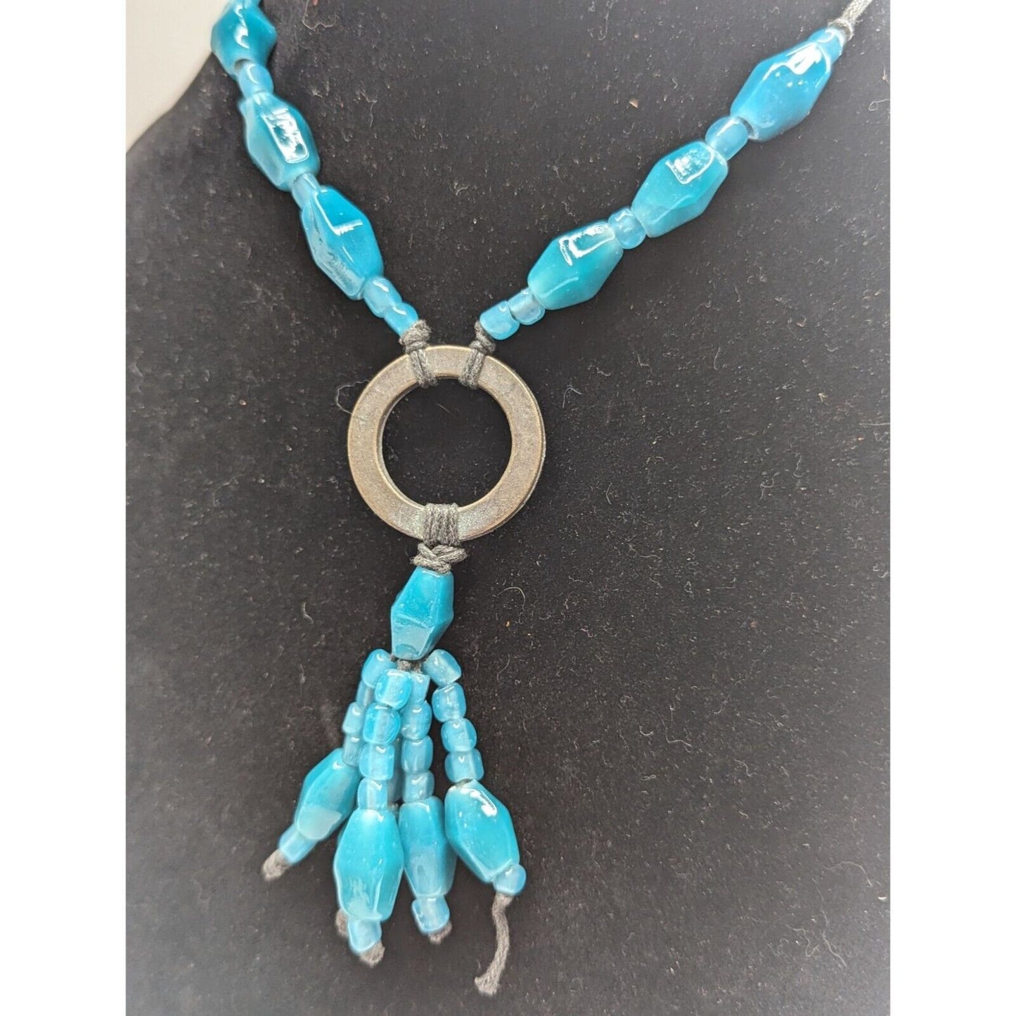 Vintage Turquoise Glass Beaded Southwestern Necklace Silver Tone