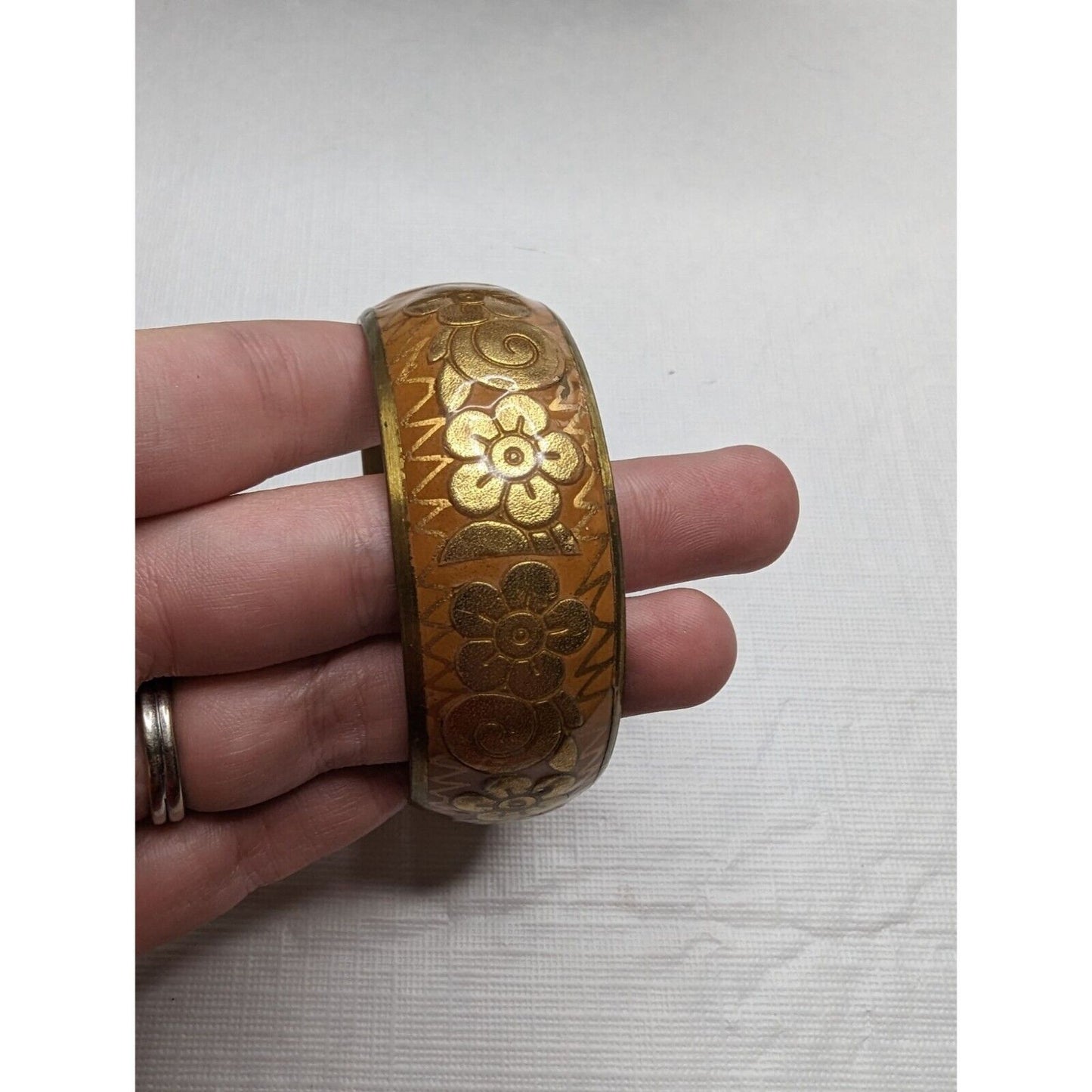 Vintage Brass and enamel Wide Bangle Bracelet Gold Tone Floral