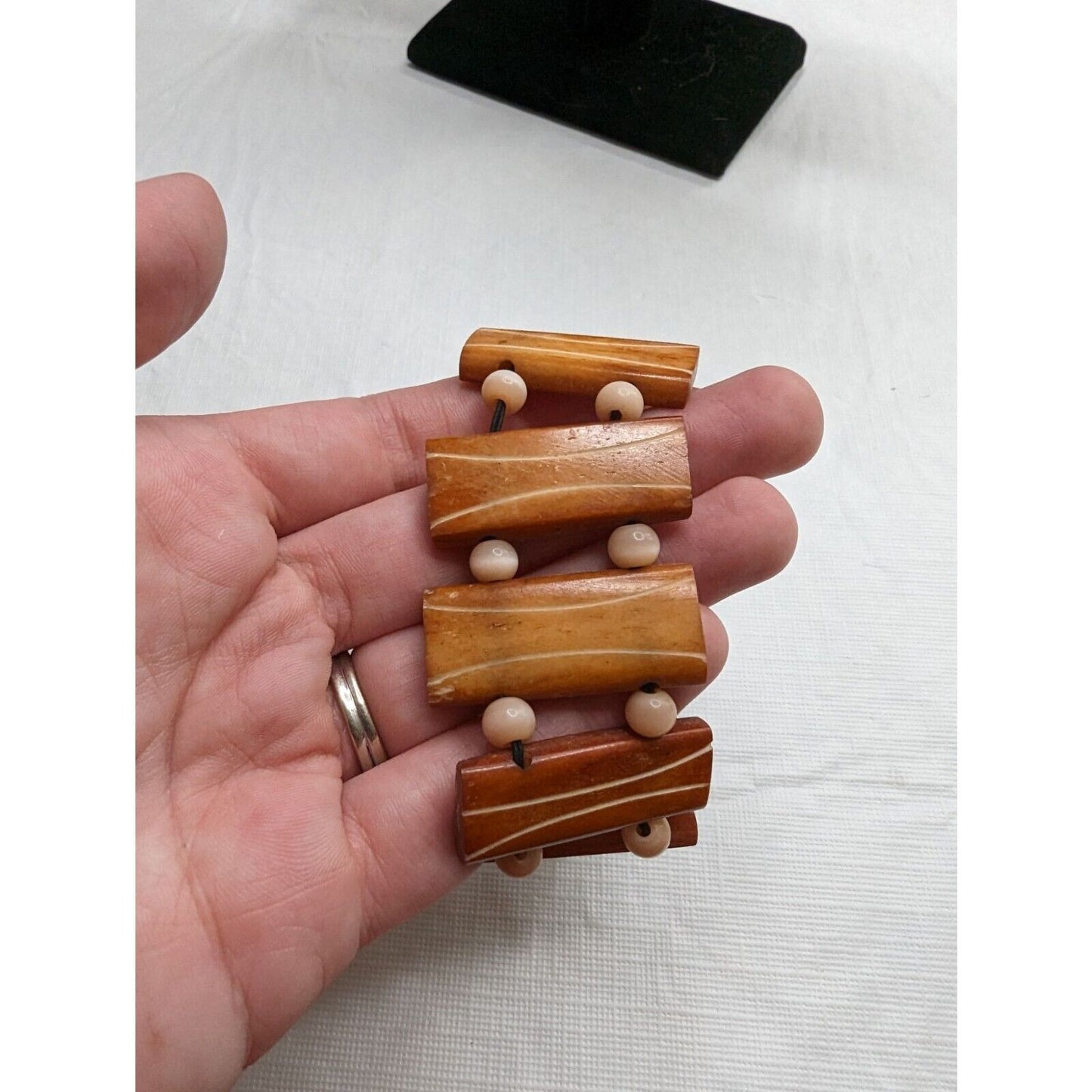 Vintage 1970s Wood and Glass Beaded Bangle Bracelet