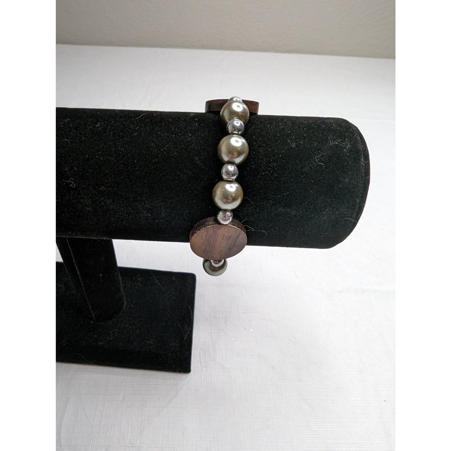 Vintage 1990s Single Strand Beaded Bracelet Silver Metal and Brown Wood Beads