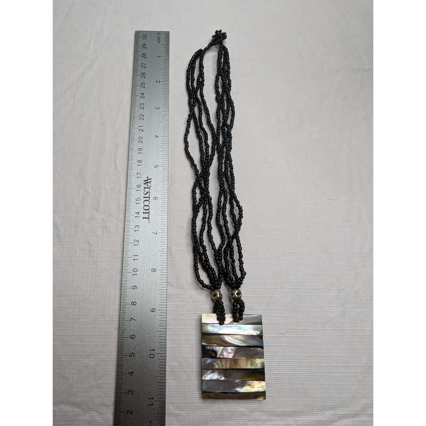 Vintage Multi Strand Beaded Necklace Rectangle Shell Pendant Black Pink